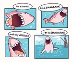 ambiguous_gender anthro day dialogue duo fangs fishing fishing_rod humor male open_mouth open_smile outside pink_body pink_tongue sea sharp_teeth sky smile solo splashing_water teeth text tongue water vaporotem nimona the_singing_shark ballister_boldheart nimona_(nimona) fish human mammal marine shark 2024 comic english_text meme