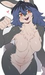 anthro bent_over blue_hair breasts buckteeth chest_tuft featureless_breasts featureless_crotch female fist front_view fur grey_body grey_fur hair long_ears nude open_mouth smile solo teeth tuft crazysnuft lagomorph leporid mammal rabbit hi_res