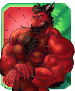 anthro arm_tuft barazoku beard biceps big_muscles chest_tuft clothed clothing crotch_tuft elbow_tuft facial_hair flexing food fruit grin horn huge_muscles looking_at_viewer male melon muscular muscular_anthro muscular_male pecs plant pose red_body red_scales scales smile solo topless tuft vein veiny_muscles watermelon caek94 mythology jugger_(character) dragon mythological_creature mythological_scalie scalie