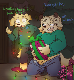 anthro antlers balls blush blush_lines clothing dick_in_a_box duo festive genitals gift holidays horn lights male male/male masturbation plant sweater topwear tree young jasonvvoid christmas bird_dog canid canine canis domestic_dog golden_retriever hunting_dog mammal retriever hi_res brother_(lore) brothers_(lore) sibling_(lore)