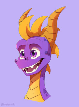 feral horn male purple_eyes smile solo spines teeth icelectricspyro activision mythology spyro_the_dragon spyro dragon mythological_creature mythological_scalie scalie headshot_portrait hi_res portrait