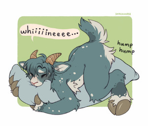 anthro blush ear_piercing grinding horn humping male masturbation piercing pillow pillow_humping raised_tail solo tail whining snackhorse thesphur_(thesphur) bovid caprine goat mammal hi_res