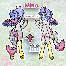 anthro bodily_fluids bovid_horn breasts caprine_horn female forked_tongue fur genitals goat_horn hair heart_nipples horn long_tail nipples nude open_mouth pigtails purple_hair red_eyes solo tail tears teeth text tongue vulva white_body white_fur yellow_body yellow_eyes yellow_fur yellow_teeth sand_chomper angel bovid caprine goat hybrid mammal 1:1 digital_media_(artwork) model_sheet