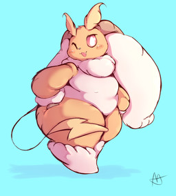 :3 ambiguous_gender ankle_tuft anthro anthrofied arm_tuft big_ears biped blue_background blush blush_stickers brown_body brown_ears brown_fur cute_fangs fangs floppy_ears fluffy front_view fur fusion grey_nose hands_on_hips head_tuft leg_markings leg_tuft long_ears looking_at_viewer markings monotone_tail multicolored_body multicolored_ears multicolored_fur neck_tuft no_sclera nude one_eye_closed open_:3 open_mouth open_smile overweight overweight_ambiguous overweight_anthro pink_eyes pokemon_fusion pokemorph pose pupils simple_background smile socks_(marking) solo standing tail tail_tuft teeth thick_thighs thin_tail three-quarter_view tuft two_tone_ears white_body white_ears white_fur white_pupils wide_hips wink wrist_tuft yellow_body yellow_fur yellow_tail lightmizano fakemon nintendo pokemon raipunny raipunny_(mope7) generation_1_pokemon generation_4_pokemon hybrid lagomorph lopunny mammal pokemon_(species) raichu 2023 colored digital_media_(artwork) full-length_portrait hi_res portrait shaded signature female_(lore)