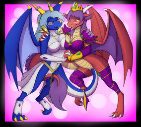 anthro anthro_on_anthro armor asymmetrical_breast_frottage blue_body blush breast_squish breasts breasts_frottage claws clothing crown digitigrade duo eyewear female female/female genitals glasses green_hair hair hand_holding headgear horn horn_jewelry horn_ring jewelry membrane_(anatomy) membranous_wings multicolored_body multicolored_scales penetration purple_hair red_body red_eyes ring_(jewelry) scales sex simple_background smile squish tail tail_fetish tail_in_vagina tail_insertion tail_play tail_sex tail_tuft toe_claws tongue tongue_out tuft underwear vaginal vaginal_penetration vulva wings yellow_eyes tomek1000 mythology dragon mythological_creature mythological_scalie scalie 2021 hi_res