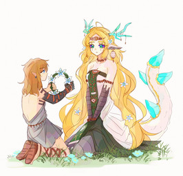 alternate_form animal_ears antlers big_tail biped blonde_eyebrows blonde_eyelashes blonde_hair blue_eyes breasts cleavage clothed clothed_female clothed_humanoid clothed_male clothing countershade_tail countershading crystal duo ear_piercing ear_ring eye_contact eyebrows eyelashes female female_humanoid flower grass grass_field grey_body grey_scales hair horn humanoidized kneeling long_hair long_tail looking_at_another looking_at_partner male male/female male_humanoid piercing plant pointy_ears pupils purple_sclera ring_piercing scales simple_background size_difference tail tan_body tan_breasts tan_skin teal_eyes three-quarter_view white_background white_body white_scales vvmorivv mythology nintendo tears_of_the_kingdom the_legend_of_zelda light_dragon_(totk) link princess_zelda animal_humanoid dragon dragon_humanoid humanoid hybrid hylian mythological_creature mythological_scalie scalie wingless_dragon 2025 absurd_res digital_drawing_(artwork) digital_media_(artwork) hi_res signature
