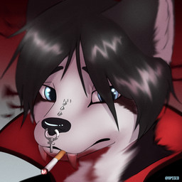 anthro black_eyeshadow blood blue_eyes bodily_fluids cigarette cigarette_in_mouth cross emo_haircut eyeshadow facial_piercing fangs holidays makeup male night nose_piercing object_in_mouth outside piercing solo teeth dpssed halloween rivey_ravenheart canid canine canis domestic_dog husky mammal nordic_sled_dog spitz vampire 1:1 hi_res