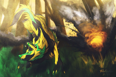 ambiguous_gender black_body black_fur claws day detailed_background feral forest fur grass green_body green_eyes green_fur green_nose outside plant solo standing tree volinfer canid canine canis mammal wolf 2015 digital_media_(artwork) hi_res