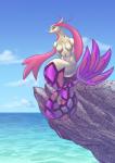 alternate_color anthro anthrofied biped breasts cloud eyelashes featureless_breasts female mermaidification non-mammal_breasts nude outside pokemorph red_eyes sea serpentine sitting solo split_form water wide_hips john_fell nintendo pokemon fish generation_3_pokemon marine merfolk milotic pokemon_(species) hi_res