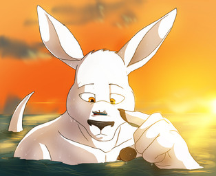 anthro black_claws black_nose black_pawpads claws fingerpads front_view fur head_tuft macro male male_anthro mouth_closed orange_eyes outside partially_submerged pawpads ship solo tuft vehicle watercraft white_body white_ears white_fur solaxe_(artist) kangaroo macropod mammal marsupial
