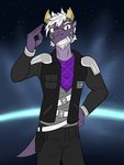 anthro clothed clothing cosmic_background fully_clothed gesture grin male salute smile solo space space_background tail fuze mythology uchu_sentai_kyuranger shou_ronpo dragon mythological_creature mythological_scalie scalie 3:4 hi_res