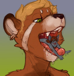 anthro blonde_hair blush blush_lines bodily_fluids brown_body drooling duo extreme_size_difference eyes_closed fangs green_background green_eyes grey_background grey_body hair imminent_vore in_mouth inside_mouth male male/male mawplay micro mouth_shot on_tongue open_mouth saliva simple_background size_difference tan_body teeth tongue vore voraciousollie ailurid bat mammal red_panda 2015 hi_res