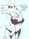 anthro areola big_breasts breasts clothed clothing dialogue female fur half-closed_eyes huge_breasts lingerie narrowed_eyes nipples simple_background skimpy solo standing text white_body white_fur chasm006 lenny_herschel canid canine canis mammal wolf 2019 3:4 digital_media_(artwork) english_text hi_res