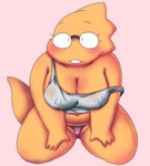 anthro blush bodily_fluids camel_toe clothing crop_top female kneeling nipple_outline overweight overweight_female shirt solo sweat sweatdrop topwear alpi undertale_(series) alphys dinosaur prehistoric_species reptile scalie hi_res