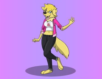 3_toes anthro bare_shoulders barefoot black_bottomwear black_clothing black_nose black_pants blonde_hair blue_eyes bottomwear breasts clothing dancing feet female fluffy fur gesture hair happy hoodie illuminati jacket looking_forward midriff open_mouth pants rolled_up_sleeves rope shadow shirt smile snout solo standing toes tongue tongue_out topwear walking waving yellow_body yellow_feet yellow_fur fox0808 talu_lupus bird_dog canid canine canis domestic_dog golden_retriever hunting_dog mammal retriever