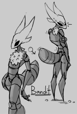 anthro arthropod_abdomen black_body black_eyes blush bodily_fluids gender_symbol looking_at_viewer male male_symbol multiple_poses neck_tuft no_pupils pose solo standing sweat sweatdrop symbol tuft white_mask hallowed_knight_34 hollow_knight_(franchise) team_cherry bandit_(hallowed_knight_34) arthropod vessel_(species) monochrome