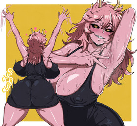 areola armpit_fetish back_boob big_breasts big_butt black_clothing bodily_fluids breasts butt cleavage clothed clothed_female clothed_humanoid clothing female female_humanoid hair horn huge_breasts huge_butt mouth_hold nipple_outline nipples object_in_mouth pink_body pink_hair pink_skin side_boob solo sweat sweatdrop sweaty_breasts text duo_kawa my_hero_academia ashido_mina horned_humanoid humanoid quirked_human_(my_hero_academia) hi_res
