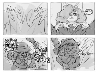 4_panel_comic >_< anthro dialogue extreme_size_difference eyes_closed eyewear glasses humor micro obscured_eye pubes size_difference speech_bubble surprised tail text mozes.ipg andy_(shizumoh) charlotte_(mozes.ipg) arctic_fox canid canine fox mammal true_fox 4:3 comic english_text greyscale hi_res monochrome sketch trans_(lore) trans_man_(lore)