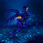 anthro black_body black_scales blue_body blue_claws blue_horn claws fantasy female glowing horn leaf membrane_(anatomy) membranous_wings night nipples scales solo tail wings yellow_body yellow_eyes yellow_scales selianth mythology nachtschauer dragon mythological_creature mythological_scalie scalie 1:1 hi_res