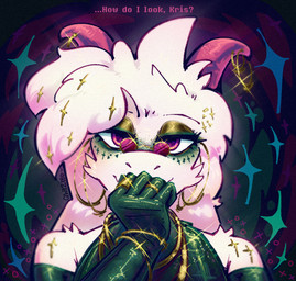 2_horns anthro armwear bracelet clothing dialogue digit_ring elbow_gloves eyeliner eyeshadow eyewear femboy finger_ring glasses gloves handwear horn jewelry makeup male pink_eyes pink_horn solo text qwizibo deltarune undertale_(series) ralsei bovid caprine darkner goat mammal bust_portrait english_text hi_res portrait