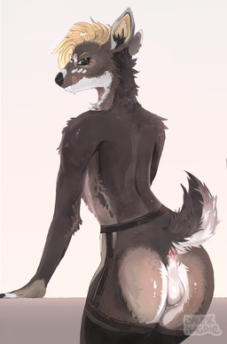 anthro anus backsack balls big_butt black_nose blonde_eyebrows blonde_hair blush brown_body brown_fur butt clothing ear_piercing eyebrows eyelashes eyeshadow eyewear fangs femboy fur genitals glasses green_eyes green_eyeshadow green_sclera hair inner_ear_fluff legwear legwear_only makeup male markings mostly_nude multicolored_body multicolored_fur neck_stripes nude nude_male piercing pink_anus pink_tongue pose raised_tail rear_view scut_tail short_tail solo spots spotted_body spotted_face spotted_fur spotted_markings stockings stockings_only tail teeth thigh_highs tongue tuft wearing_glasses white_body white_fur white_spots drunkmagpie mammal moschid musk_deer hi_res pinup