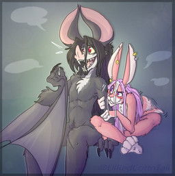 4_fingers 4_toes anthro bat_wings black_claws black_hair blush border claws crossed_legs duo ear_piercing emanata fangs featureless_chest feet fingers fur grey_body grey_fur hair hand_on_arm long_hair looking_at_another looking_up male membrane_(anatomy) membranous_wings multicolored_body multicolored_fur nude open_mouth piercing pink_body pink_eyes pink_fur pink_hair pink_nose red_eyes scut_tail short_tail simple_background sitting smile speech_bubble tail tail_motion tailwag teeth text toes tongue two_tone_body two_tone_fur white_body white_fur wings yellow_sclera lilredcottntail cottn'_(lilredcottntail) stoker_bramwell bat lagomorph leaf-nosed_bat leporid mammal microbat rabbit vampire_bat yangochiropteran artist_name hi_res