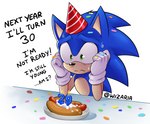 anthro birthday black_nose blue_body blue_fur bodily_fluids clothing dialogue food fur gloves green_eyes handwear hat headgear headwear hot_dog male party_hat shocked simple_background solo sweat sweatdrop text white_background white_clothing white_gloves white_handwear wizaria sega sonic_the_hedgehog_(series) sonic_the_hedgehog eulipotyphlan hedgehog mammal 2020 english_text hi_res