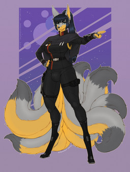 ammo_belt anthro belt belt_buckle black_hair black_uniform boots buckle bulge cape clothing digitigrade footwear fox_ears fur furgonomic_footwear furgonomics gesture gloves_(marking) grey_body grey_fur gynomorph hair hand_gesture holstered_pistol intersex long_hair markings medal multi_limb multi_tail pointing science_fiction shoes solo standing tail uniform yellow_body yellow_fur wmdiscovery93 quorii_(f1ukie) canid canine fox liskian mammal absurd_res hi_res huge_filesize herm_(lore)