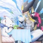 anthro armor beverage blonde_hair chess confusion container cup duo female furniture hair headgear helmet male question_mark table tea tea_cup wings sansyonoki64 bandai_namco digimon digimon_(species) gammamon humanoid mastemon scalie 1:1