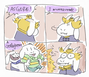 anthro blonde_hair cape clothing crown dialogue facial_hair female green_clothing green_sweater green_topwear hair headgear horn long_ears long_horn male pattern_clothing pattern_sweater pattern_topwear robe striped_clothing striped_sweater striped_topwear stripes sweater text topwear mudkipful undertale undertale_(series) asgore_dreemurr asriel_dreemurr toriel boss_monster_(undertale) bovid caprine goat mammal 2016 comic english_text