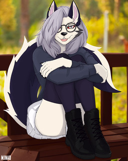 anthro arm_around_leg bench black_body black_fur black_nose black_tail blurred_background boots bottomwear claws clothed clothing crossed_arms ear_piercing ear_ring eyewear fangs female fingers footwear fur glasses hair jacket laced_boots legwear lips long_hair long_tail panties piercing red_sclera ring_piercing shoes sitting skirt solo tail teeth thick_bottom_lip tongue tongue_out topwear two_tone_tail underwear upskirt visible_underwear white_body white_eyes white_fur white_hair white_tail mjnao hellaverse helluva_boss mythology loona_(helluva_boss) canid canid_demon canine canis demon hellhound mammal mythological_canine mythological_creature wolf 2022 absurd_res digital_media_(artwork) hi_res watermark