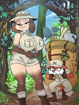 angry anthro armor axe backpack big_breasts binoculars black_eyes boots bottomwear breasts brown_body brown_fur bucket canteen clothed clothing cloud container duo eyeshadow female footwear fully_clothed fur hair hat headgear headwear helmet holding_object huge_breasts lamp lantern looking_at_another makeup male outside pickaxe pink_eyeshadow pith_helmet plant red_body red_hair shoes shorts shovel sky smile socks tan_body tan_fur tools tree white_body white_fur chochi lovely_pets lyza_dagger mike_blade canid canine canis domestic_dog fox mammal red_fox true_fox 2026 3:4 hi_res