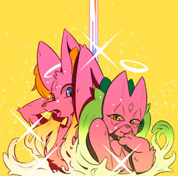 anthro blue_eyes breasts cleavage clothed clothing convenient_censorship duo female green_eyes hair halo inner_ear_fluff long_hair mask nude open_mouth pole pose simple_background sparkles stripper_pole tuft yellow_background se1t nintendo panty_and_stocking_with_garterbelt pokemon angel braixen canid canine domestic_cat felid feline felis fox generation_6_pokemon generation_9_pokemon mammal meowscarada pokemon_(species) hi_res