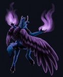 ambiguous_gender anthro feathered_wings feathers fire paws purple_body purple_feathers solo tail wings runicnature canid canine demon dire_wolf mammal prehistoric_species absurd_res hi_res