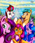 female green_eyes group horn male mountain smile wings zephyr_heights jowybean hasbro mlp_g5 my_little_pony mythology hitch_trailblazer_(mlp) izzy_moonbow_(mlp) pipp_petals_(mlp) sunny_starscout_(mlp) zipp_storm_(mlp) equid equine horse lagomorph leporid mammal mythological_creature mythological_equine pegasus pony rabbit unicorn winged_unicorn