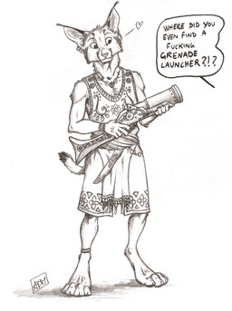 5_fingers anklet anthro barefoot belt biped bracelet cheek_tuft clothed clothing dagger digitigrade dipstick_tail ear_piercing ear_ring ear_tuft facial_tuft feet fingers grenade_launcher gun heart_symbol holding_object holding_weapon inner_ear_fluff jewelry looking_down male markings melee_weapon necklace offscreen_character piercing profanity ranged_weapon ring_piercing scabbard shadow shirt simple_background solo speech_bubble standing tail tail_markings text topwear tuft tunic weapon wheellock white_background 0laffson nasir_(0laffson) caracal caracal_(genus) domestic_cat felid feline felis mammal 2019 english_text graphite_(artwork) hi_res signature sketch traditional_media_(artwork)