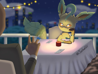 candle city cityscape date date_night detailed_background duo female feral furniture gesture leaf leaf_tail male night outside restaurant romantic romantic_couple table tail joshuas nintendo pokemon eeveelution generation_4_pokemon human leafeon mammal pokemon_(species) 2026 4:3 digital_drawing_(artwork) digital_media_(artwork) hi_res signature