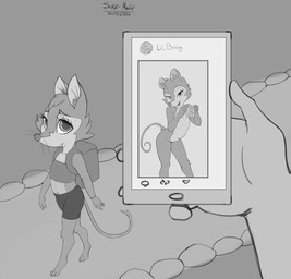 aged_down anthro athletic_wear backpack bedroom_eyes bottomwear buckteeth cellphone cheek_tuft clothed clothing crop_top digitigrade duo electronics facial_tuft female first_person_view flat_chested gym_bottomwear gym_shorts head_tuft holding_cellphone holding_object holding_phone inner_ear_fluff loli looking_at_viewer midriff mirror_selfie narrowed_eyes navel nipples nude open_mouth phone pose ruined_reputation seductive selfie shirt shorts smile social_media solo_focus teeth text tongue topwear tuft walking whiskers young young_anthro sukk-madikk don_bluth the_secret_of_nimh mrs._brisby ambiguous_species mammal mouse murid murine rodent wood_mouse 2022 english_text hi_res monochrome