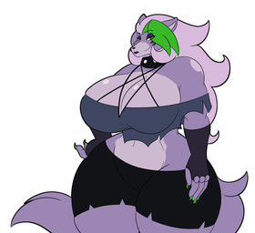 anthro big_breasts bottomwear breasts clothing collar colored_nails cosplay countershading eyeshadow female fingerless_gloves fur gloves green_hair green_nails hair handwear lips looking_at_viewer makeup nails navel purple_body purple_eyeshadow purple_fur purple_hair purple_lips solo studded_collar studs topwear wide_hips yellow_eyes lunisnightwind five_nights_at_freddy's five_nights_at_freddy's:_security_breach hellaverse helluva_boss scottgames steel_wool_studios loona_(helluva_boss) roxanne_wolf canid canine canis mammal wolf 2022 absurd_res hi_res