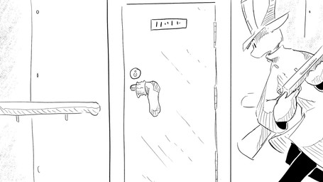 anthro button_(fastener) clothing door footwear gun hallway handrail hat headgear headwear lock male military_cap military_uniform ranged_weapon rifle running socks solo uniform weapon dragonweirdo kangaroo macropod mammal marsupial 16:9 hi_res monochrome widescreen