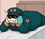 anthro bed clothed clothing facial_hair fur furniture hat headgear headwear heart_symbol looking_at_viewer male multicolored_body multicolored_fur mustache solo teal_body teal_fur two_tone_body two_tone_fur white_body white_fur smush-sin sega sonic_the_hedgehog_(series) the_murder_of_sonic_the_hedgehog conductor_(sonic) canid canine canis domestic_dog mammal 2025 colored digital_drawing_(artwork) digital_media_(artwork) hi_res