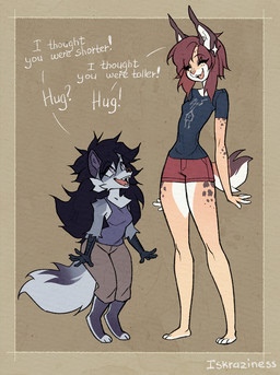 3_toes 4_toes anthro barefoot biped bottomwear breasts claws clothed clothed_anthro clothed_female clothing countershade_feet countershading digitigrade duo eyelashes feet female finger_claws fingers freckled_face freckles front_view fully_clothed fully_clothed_anthro fully_clothed_female fur hair long_eyelashes paws plantigrade smile spot_freckles spots spotted_arms spotted_face spotted_legs spotted_thighs standing tail teeth toes tongue topwear tuft iskra hioshiru_(character) kordi enfield felid feline lynx mammal 2026 digital_drawing_(artwork) digital_media_(artwork) hi_res