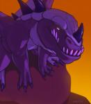 ambiguous_gender claws digitigrade fangs feral gradient_background horn membrane_(anatomy) membranous_wings muscular muscular_ambiguous muscular_feral orange_background paws purple_eyes rock simple_background sitting solo spikes teeth underbite wings amit mythology nordrion dragon lizard mythological_creature mythological_scalie reptile scalie 2014