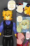 absurd_res animatronic anthro bear blonde_hair bow_(feature) bow_tie cellphone clothing comic discordmelody electronics english_text female five_nights_at_freddy's freckles fur golden_freddy_(fnaf) hair hat headgear headwear hi_res jasmine_ivory lips machine male mammal phone red_hair robot rodent sciurid scottgames smile smirk text top_hat yellow_body yellow_fur