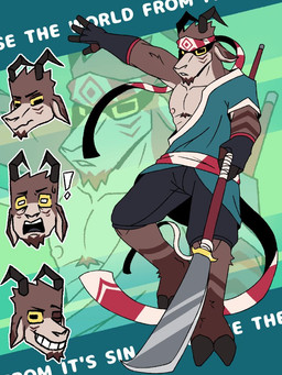 anthro brown_body brown_fur clothed clothing facial_hair fingerless_gloves fully_clothed fur fur_markings glaive gloves goatee handwear hooves horn kerchief male markings melee_weapon polearm serious shadowed_eyes solo spear weapon yellow_eyes sirozinn oatzu bovid caprine goat mammal 3:4 digital_drawing_(artwork) digital_media_(artwork) model_sheet