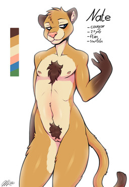 andromorph anthro chest_tuft fur genitals gloves_(marking) heterochromia intersex looking_aside markings mastectomy_scar multicolored_body multicolored_fur multicolored_tail navel nipples nude nude_andromorph nude_anthro nude_intersex pink_nose pubes scar simple_background solo tail tan_body tan_fur text tuft visibly_trans vulva white_background manyakuma cougar felid feline mammal 2020 absurd_res character_name dated digital_media_(artwork) english_text hi_res shaded trans_(lore) trans_man_(lore)