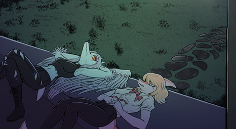 amber_eyes anthro arm_tuft blonde_hair blue_body bodily_fluids bone_frill boots bottomwear bow_tie breasts clothed clothing collared_shirt crop_top crossed_legs crying dress_shirt duo elbow_tuft feathered_wings feathers female footwear frill_(anatomy) grass green_eyes grey_hair hair halter_top hand_on_belly hands_behind_head long_tail looking_at_another lying midriff night on_back orange_body outside pants plant plantigrade shirt shoes short_tail snout tail tears topwear torn_bottomwear torn_clothing torn_pants tuft under_boob wings unknown_artist cavemanon_studios goodbye_volcano_high ko_op_(game_developer) snoot_game fang_(gvh) naomi_(gvh) dinosaur hadrosaurid ornithischian ornithopod parasaurolophus prehistoric_species pterosaur reptile scalie hi_res