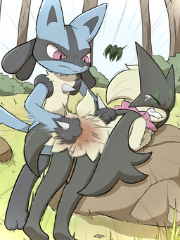 ambiguous_gender angry anthro bent_over black_body black_fur blue_body blue_fur bodily_fluids butt_slap chest_spike clenched_teeth corporal_punishment crying duo eyes_closed forest frown fur green_body green_fur mouth_closed multicolored_body multicolored_fur outside paws pink_eyes pink_nose plant punishment slap spanking spikes spikes_(anatomy) standing tears teeth tree guillotine_rabbit nintendo pokemon generation_4_pokemon generation_9_pokemon lucario meowscarada pokemon_(species) 3:4 hi_res