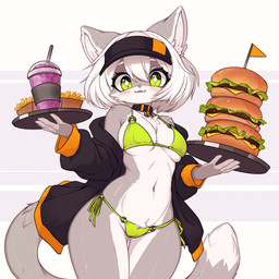 anthro bangs bikini blush blush_lines breasts burger camel_toe clothing facial_tuft female food green_eyes grey_body medium_breasts moralamorte o-ring o-ring_bikini side-tie_bikini solo string_bikini swimwear thick_thighs tuft two-piece_swimsuit under_boob wide_hips mediocre_peach domestic_cat felid feline felis mammal hi_res