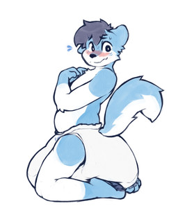 ambiguous_gender anthro big_diaper black_nose blue_body blue_fur blue_hair blue_pawpads blue_tail blush bodily_fluids clean_diaper clothed clothing diaper diaper_only flying_sweatdrops fur gloves_(marking) hair hand_on_chest kneeling leg_markings looking_at_viewer markings multicolored_body multicolored_fur pawpads side_view simple_background socks_(marking) solo sweat sweatdrop tail topless two_tone_body two_tone_fur two_tone_tail wavy_mouth wearing_diaper white_background white_body white_fur white_tail worried neemitenaide wintie canid canine canis domestic_dog husky hybrid mammal nordic_sled_dog spitz wolf full-length_portrait hi_res portrait